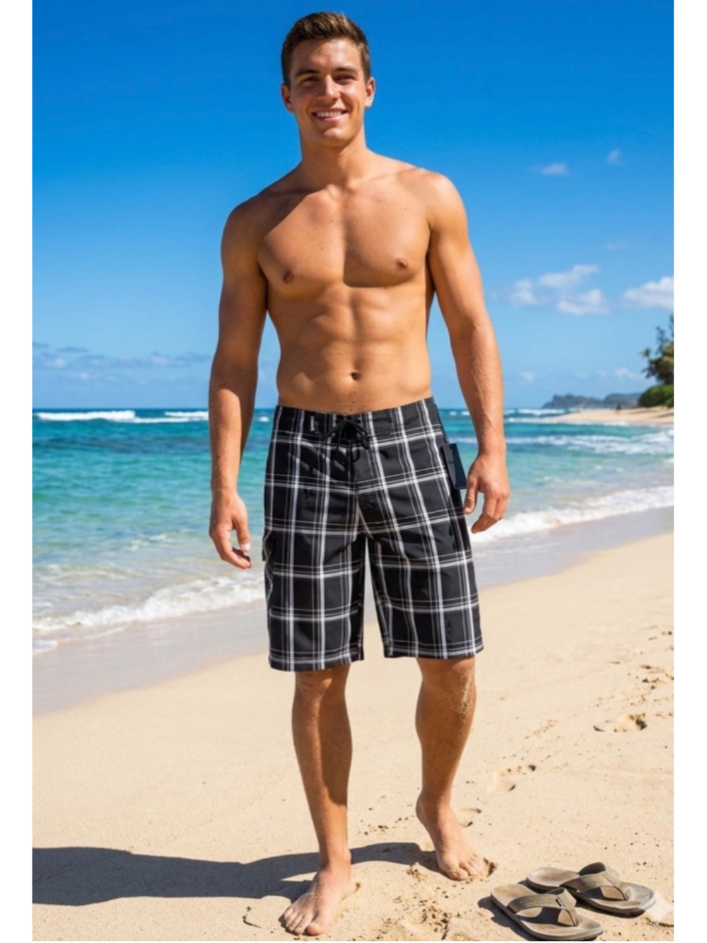Men’s Hurley Board Shorts size 33 Medium Black & White Plaid Swim 9.5 inseam NWT